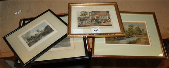 Watercolour landscape, map, 2 prints & 19th Century farmyard scene(-)